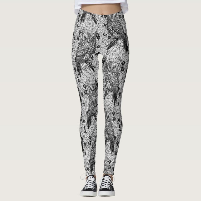 Leggings Chouettes dans le chêne, noir et blanc (Devant)