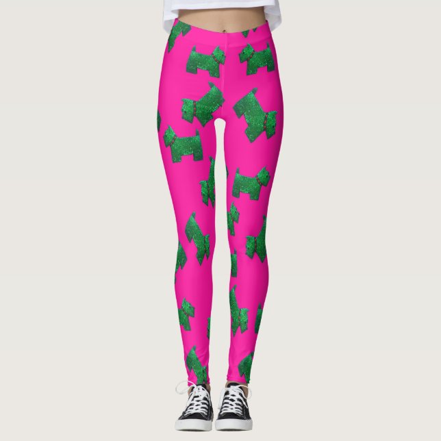 Leggings Christmas Green ScottieTerrier arrière - plan rose (Devant)