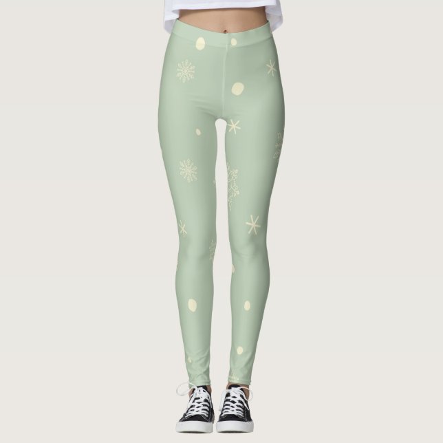 Leggings Christmas Holiday Aesthetic Snowflake Moss Green (Devant)