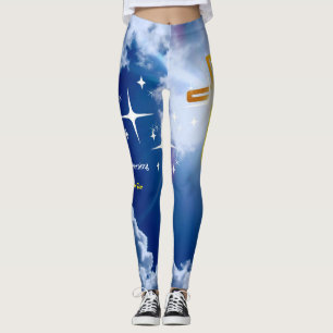 Leggings Ciel bleu avec nuages blancs et Croix d'or