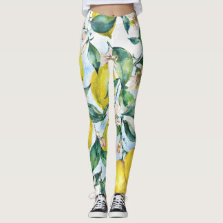 Leggings citrons d'aquarelle, branche d'agrumes frais.