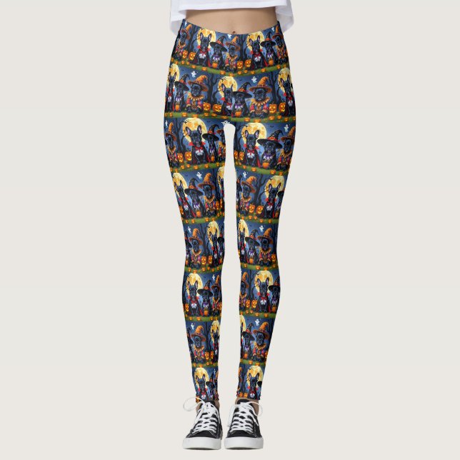 Leggings Citrouille de Bulldogs de France noire Halloween d (Devant)