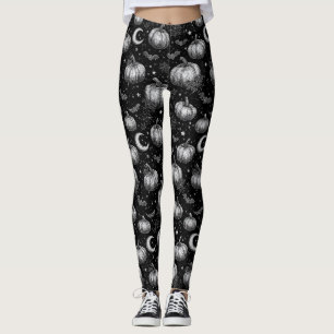 Leggings Citrouille d'Halloween noir et blanc, chauve-souri