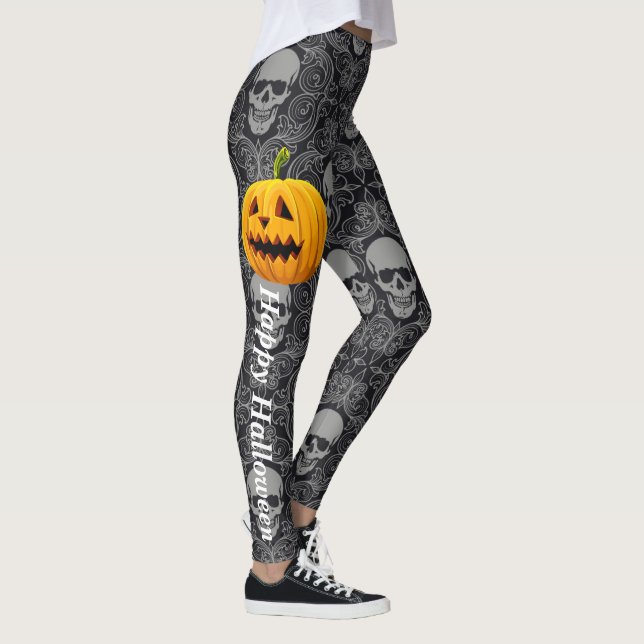 Leggings Citrouille gothique noir gris du crâne d'Halloween (Droite)