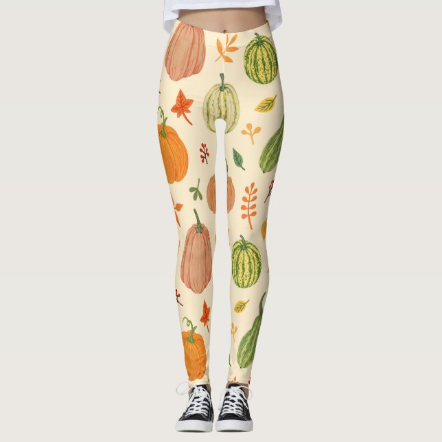 Leggings Citrouille vert et orange, motif sans soudure. (Devant)