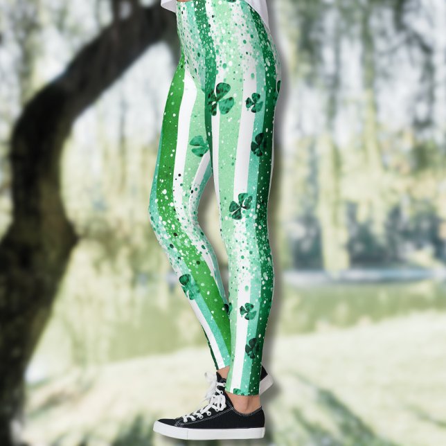 Leggings Classic Green White Vertical Stripes Shamrocks (Créateur téléchargé)