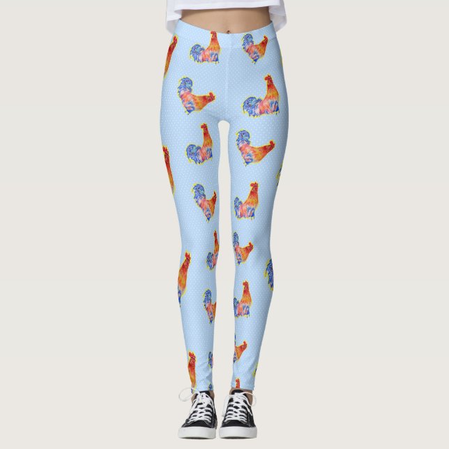 Leggings Cockerel Rooster Rouge Drôle et Zones Bleues et Bl (Devant)