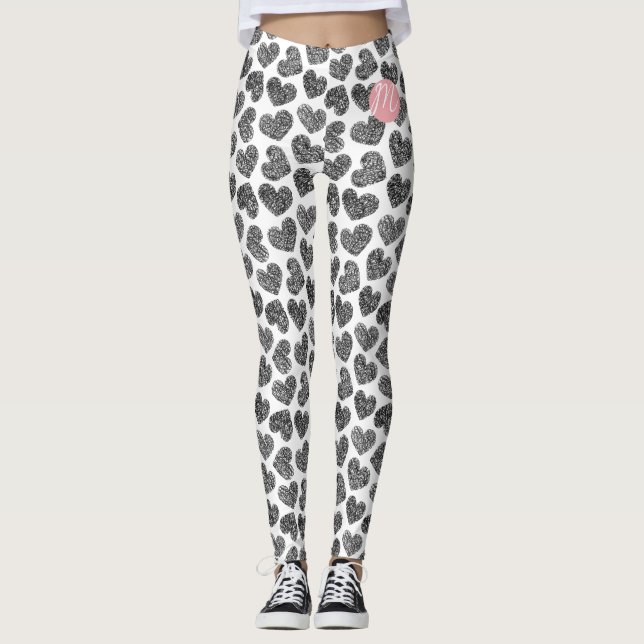 Leggings Coeurs de Doodle Noir et Blanc modernes Monogramme (Devant)