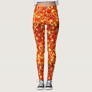 Leggings Coeurs dorés jaunes sur l'Arrière - plan rouge