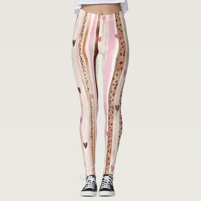 Leggings Coeurs Empreintes de léopard Brown roses rayures (Devant)
