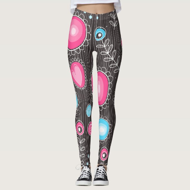 Leggings Coeurs et fleurs rose et bleu Whimsical (Devant)