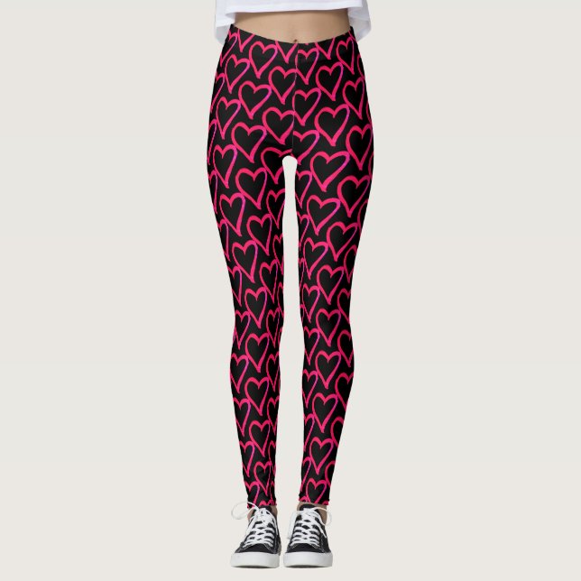 Leggings Coeurs mignons Motif rose chaud Noir (Devant)