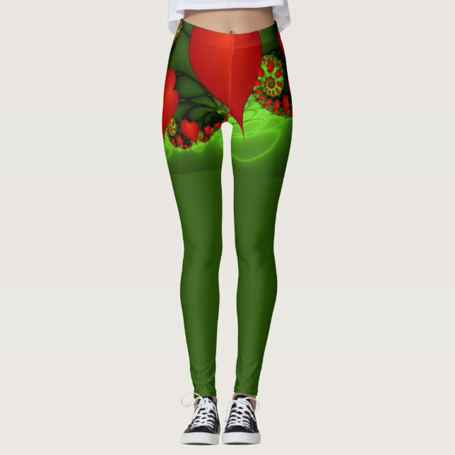 Leggings Coeurs rouges Lime vert Moderne Art Abstrait fract (Devant)