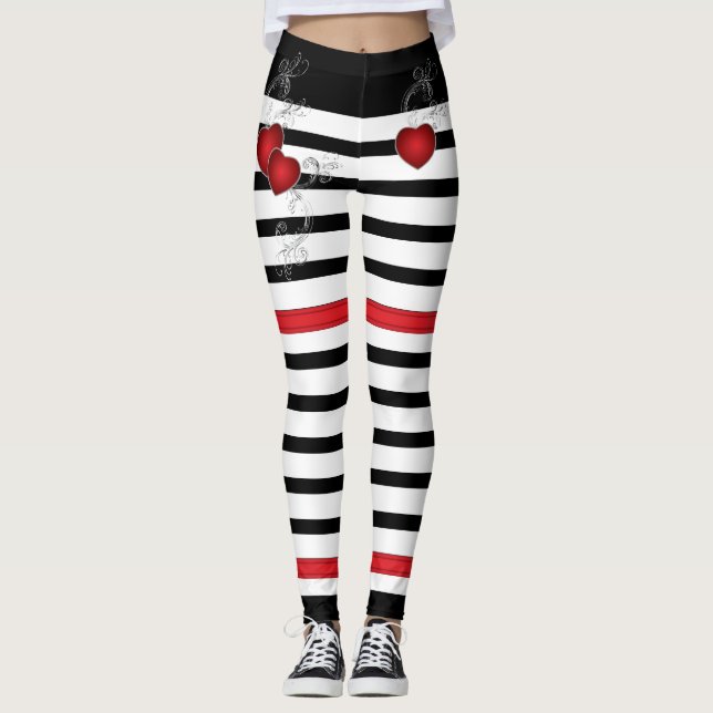 Leggings Coeurs rouges sur noir et blanc (Devant)