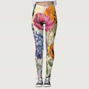 Leggings Collage d'art mixte botanique vibrant