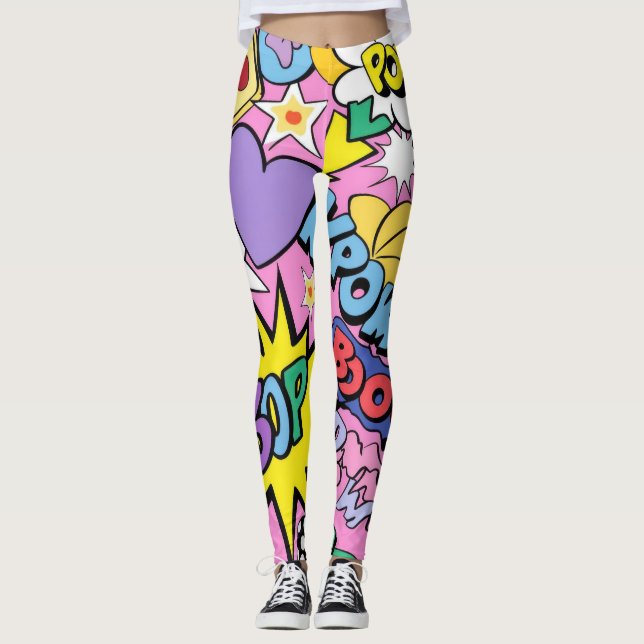 Leggings Collage Pop Art de Bande Dessinée Rétro (Devant)