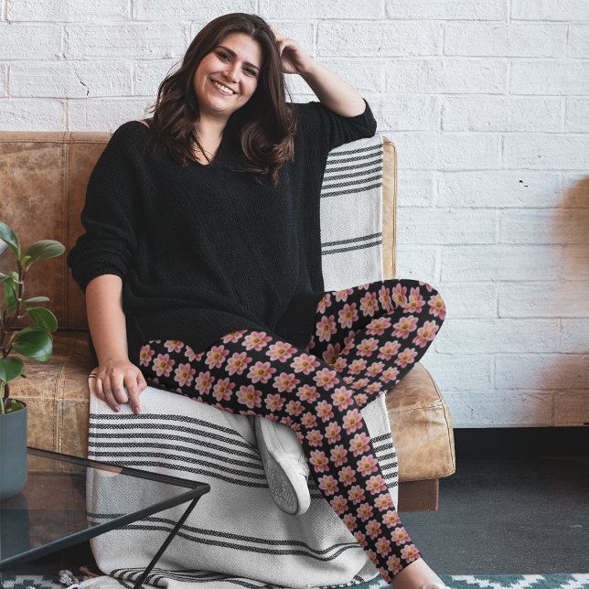 Leggings Collarette rose Dahlia motifs floraux sur noir (In Situ)