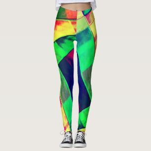 Leggings Coloré de carrés inclinés, rectangles, verdâtres.
