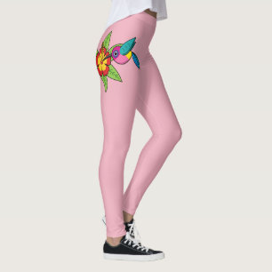 Leggings Colorful Hummingbird on Hibiscus Tropical Flower