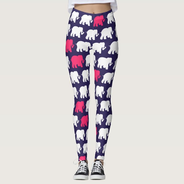 Leggings Conception de bleu marine et d'éléphants roses (Devant)