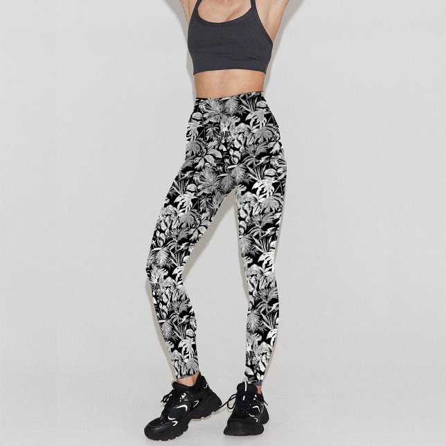 Leggings Conception moderne de Motif noir blanc tropical fe (Modern leggings design with tropical leaf pattern in black and white, unique design for active lady )