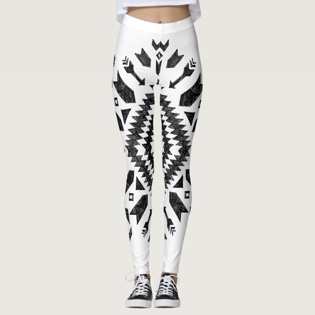 Leggings Conception tribale : Noir Blanc Dessiné À La Main (Devant)