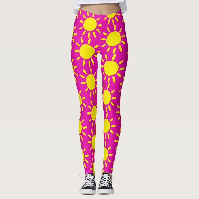 Leggings Cool Abstrait Jaune Été Soleil Motif Magenta (Devant)