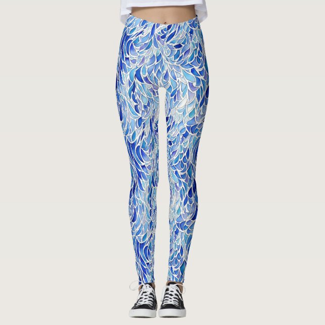Leggings Cool Artsy Bleu Abstrait Wave Feather Aquarelle (Devant)