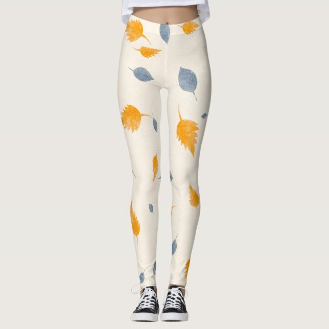 Leggings Cool Bleu & Jaune Doré Feuilles Sur Crème (Devant)