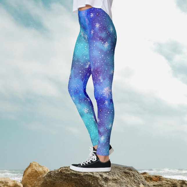 Leggings Cool Blue Winter Sky Snowflake Motif Aquarelle (Créateur téléchargé)