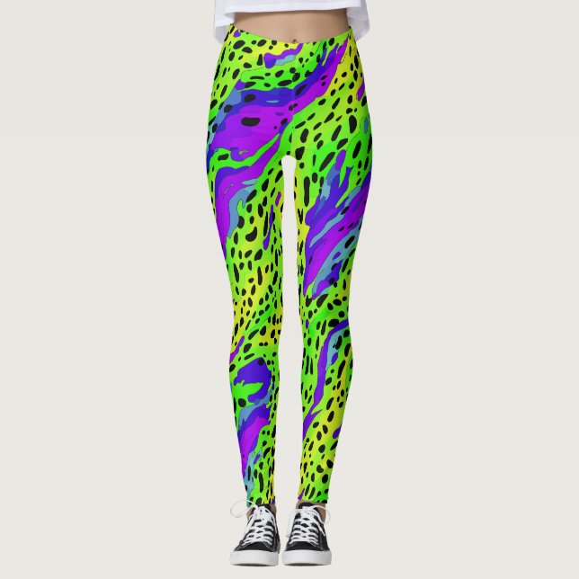 Leggings Cool Neon Vert Et Violet Poster de animal Motif (Devant)