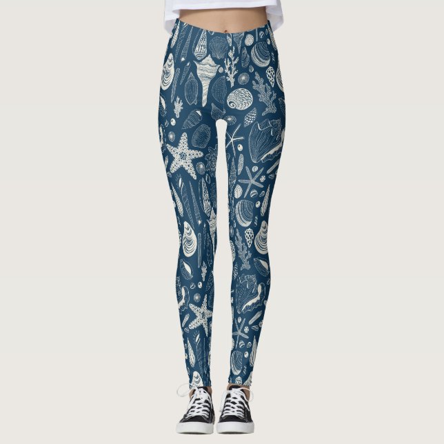 Leggings Coques de mer sur bleu foncé (Devant)