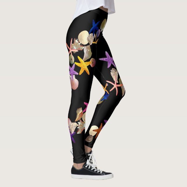 Leggings Coquillages et étoiles de mer sur le noir - (Droite)
