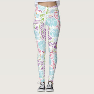 Leggings Coral rose floral vert et Motif Art déco bleu