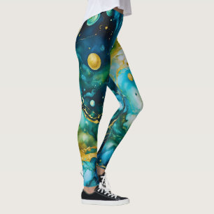 Leggings Cosmos d'encre d'alcool bleu vert or