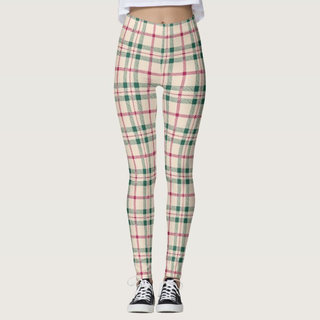 Leggings Cosy crème Tartan Plaid Pink & Green Checks (Devant)