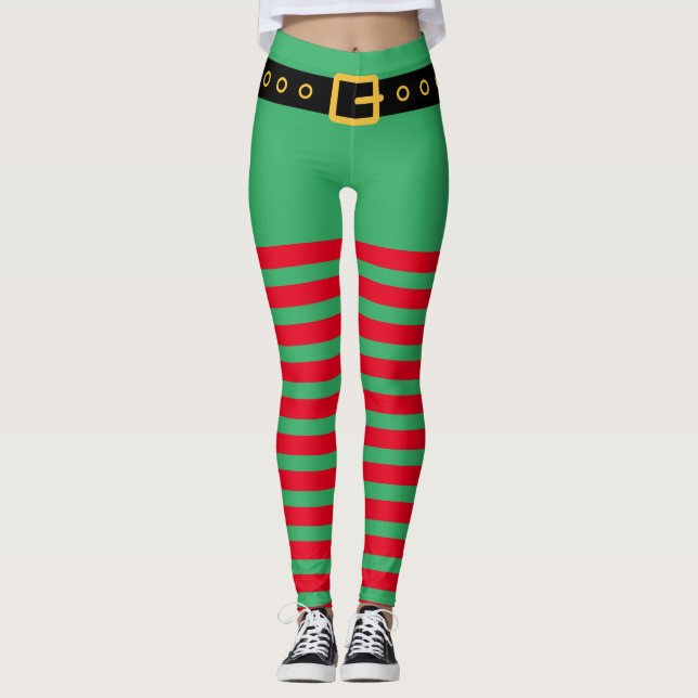 Leggings Coupable costume d'elfe de Noël à rayures rouges e (Devant)