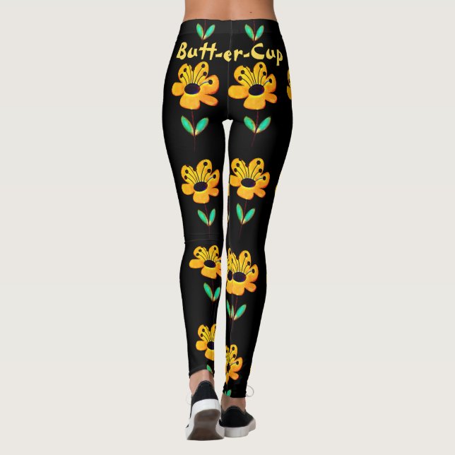 Leggings Coupe-beurre jaune Fleur Motif Floral Yoga noir (Dos)