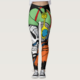 Leggings Crâne avec de longs cheveux, casquette vert et