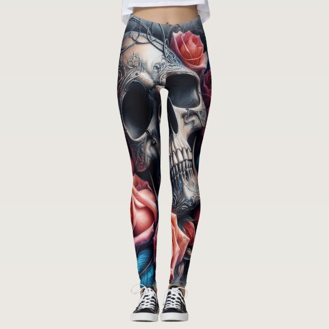 Leggings Crâne avec Roses et Bluebird (Devant)