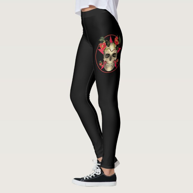 Leggings Crâne d'Halloween et Roses (Gauche)