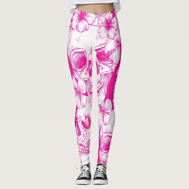 Leggings Crânes à fleurs rose (Devant)