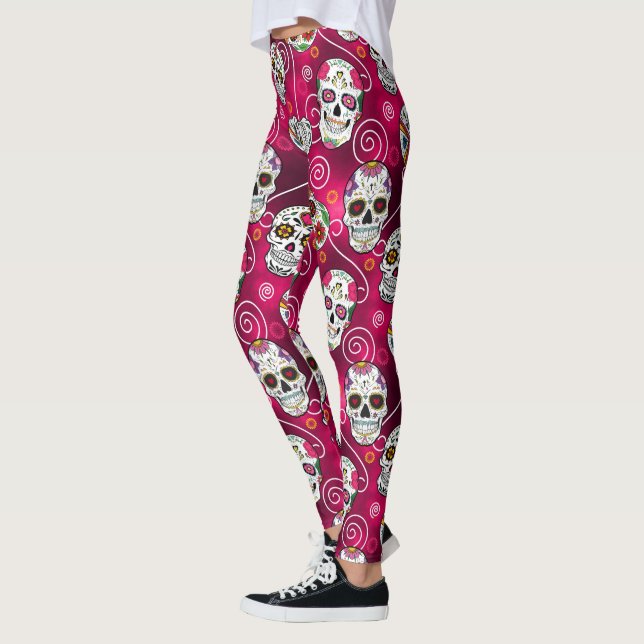 Leggings Crânes à sucre et tourbillons Rose Red ID725 (Gauche)