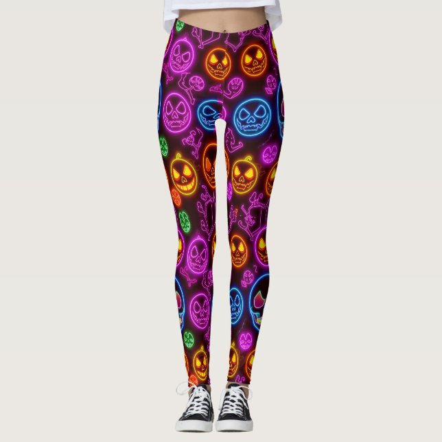 Leggings Crânes bleus d'Halloween en néon éffrayant Jack-o' (Devant)