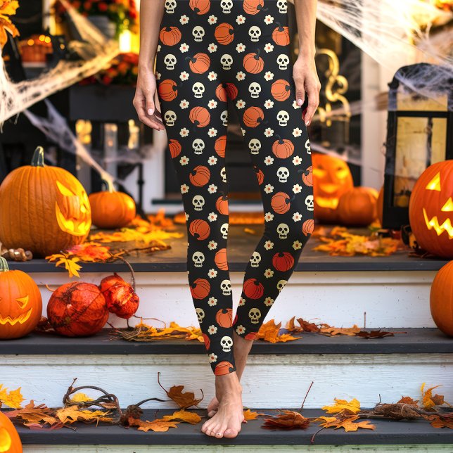 Leggings Crânes d'Halloween, Citrouilles et Fleurs Noirs (Créateur téléchargé)