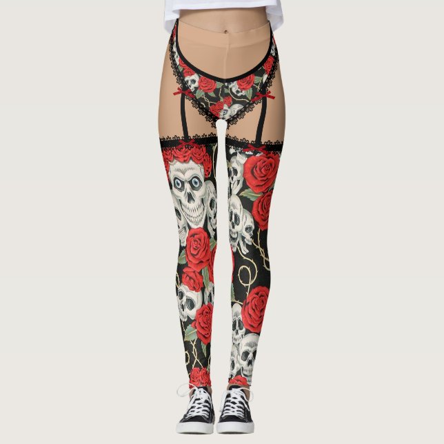 Leggings Crânes et lingerie de roses (Français coupés) (Devant)