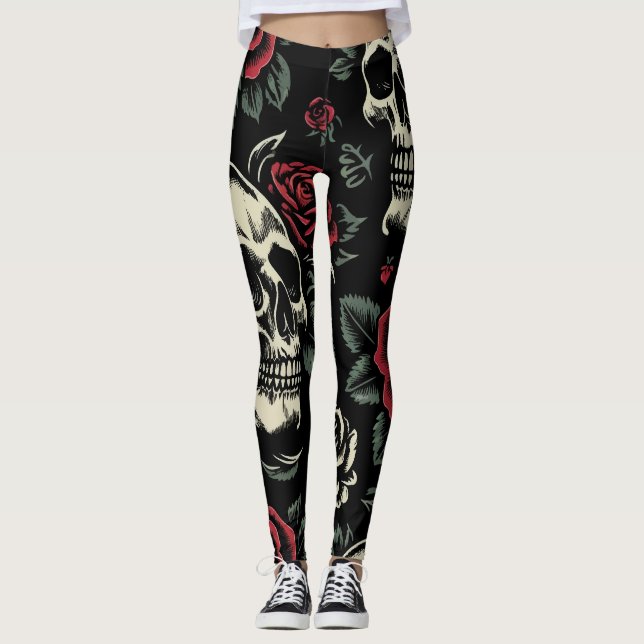 Leggings Crânes et roses rouges Floral gothique (Devant)