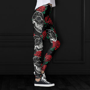 Leggings Crânes et roses rouges   Grunge gothique moderne