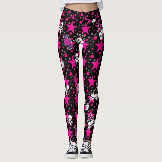 Leggings Crânes punks et motif de sucrerie sur les étoiles (Devant)