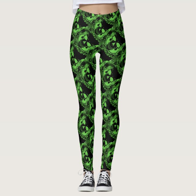 Leggings Crânes verts au néon noirs éffrayants Halloween (Devant)